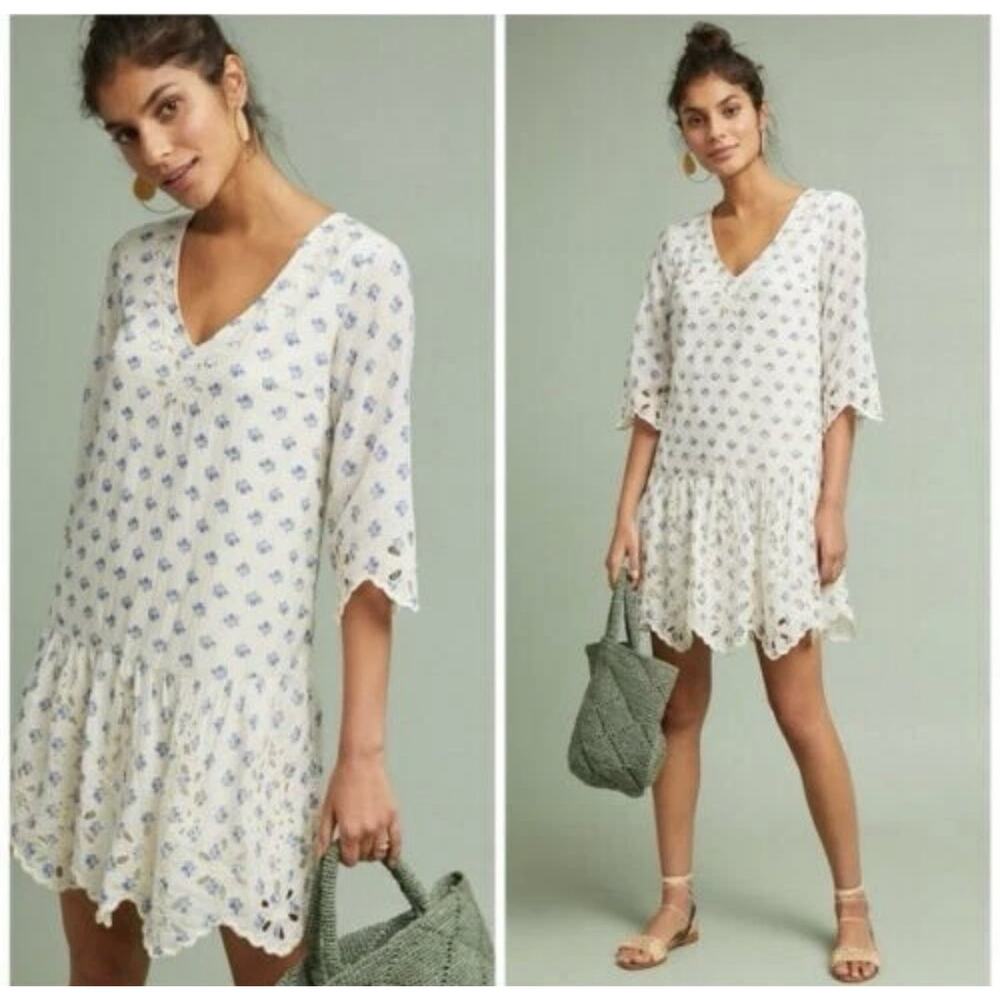 Anthropologie White and Blue Mini Dress